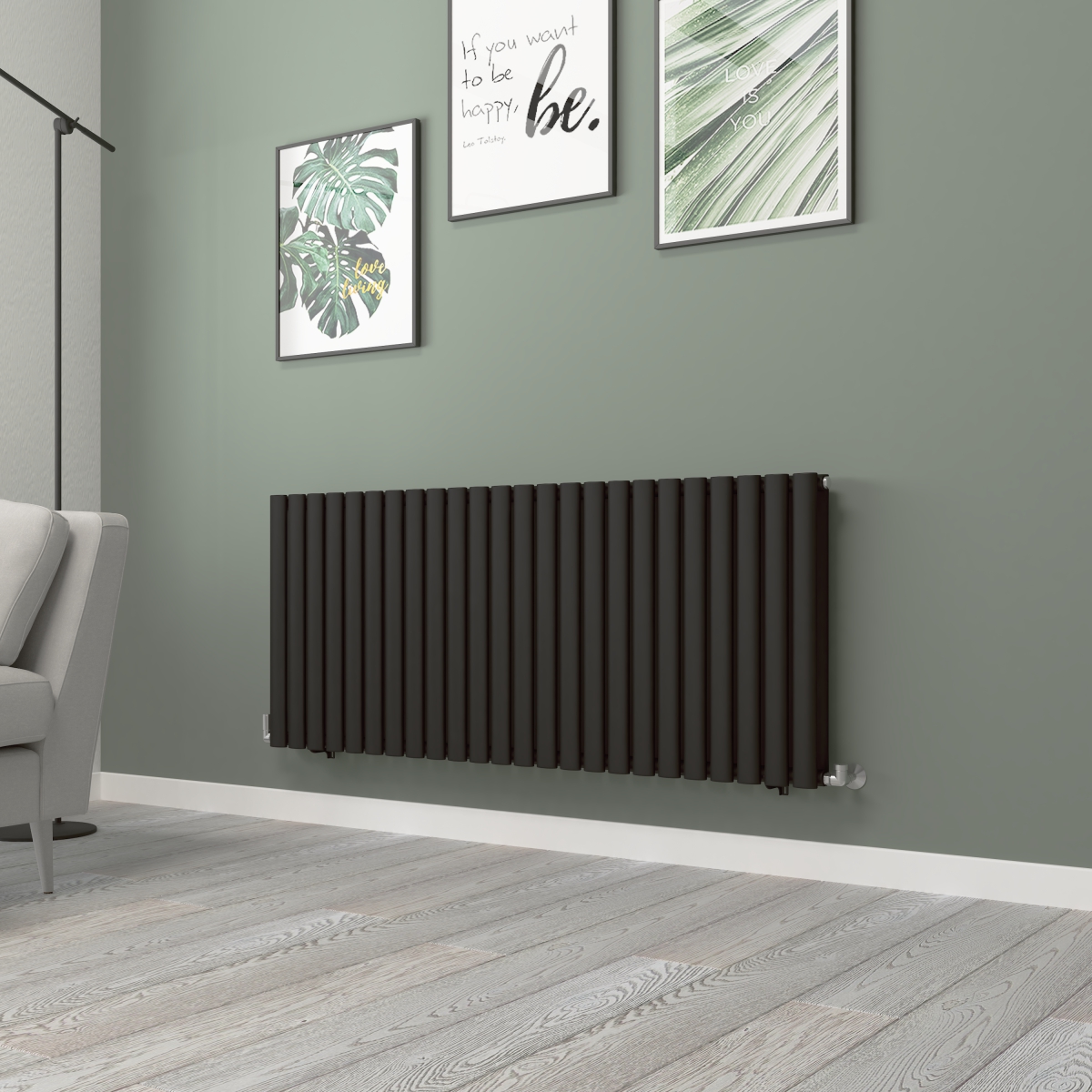 Norden 600 x 1417mm Black Double Horizontal Oval Tube Designer Radiator