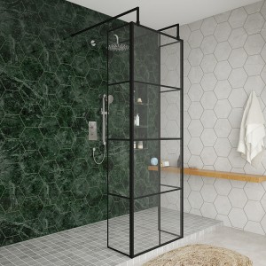 Wasdale 700mm Black Grid Walk Through Wet Room Screen with 300mm Hinged Return Screens & L- Shape Support Arms