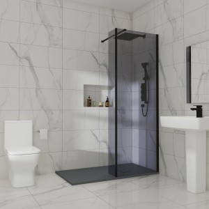 Wasdale 800mm Wet Room Screen with 300mm Hinged Wet Room Return Screen - Black Smoked