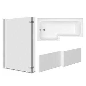 Leyland 1700mm L Shape Shower Bath Left Hand with Front Panel and Chrome L Shape Bath Screen with Hinged Return