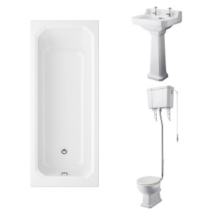 Wellington High Level Comfort Height Toilet with Sand Seat & 500mm 2 Tap Hole Basin with 1700 x 750mm Traditional Straight Bath Single Ended