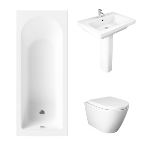 Essentials 1500 x 700mm Straight Bath Single Ended Bathroom Suite with RAK-Resort Wall Hung Toilet and 650mm Full Pedestal Basin-With Front Bath Panel