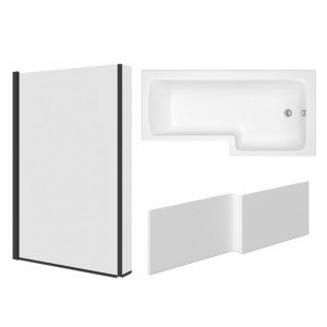 Leyland 1700mm L Shape Shower Bath Right Hand with Front Panel and Matt Black L Shape Bath Screen