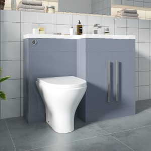 Calm Gloss Grey Right Hand Combination Vanity Unit Basin L Shape with Back to Wall Fresh Curved Toilet & Soft Close Seat & Concealed Cistern - 1100mm