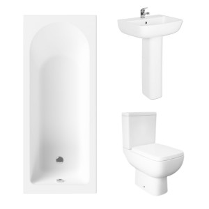 Essentials 1600 x 700mm Straight Bath Single Ended Bathroom Suite with RAK-Series 600 Close Coupled Open Back Toilet and 520mm Short Projection Full Pedestal Basin