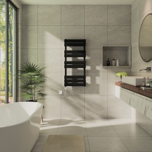 Juva 1000 x 450mm Satin Black Flat Panel Thermostatic Touch Control Electric Heated Towel Rail