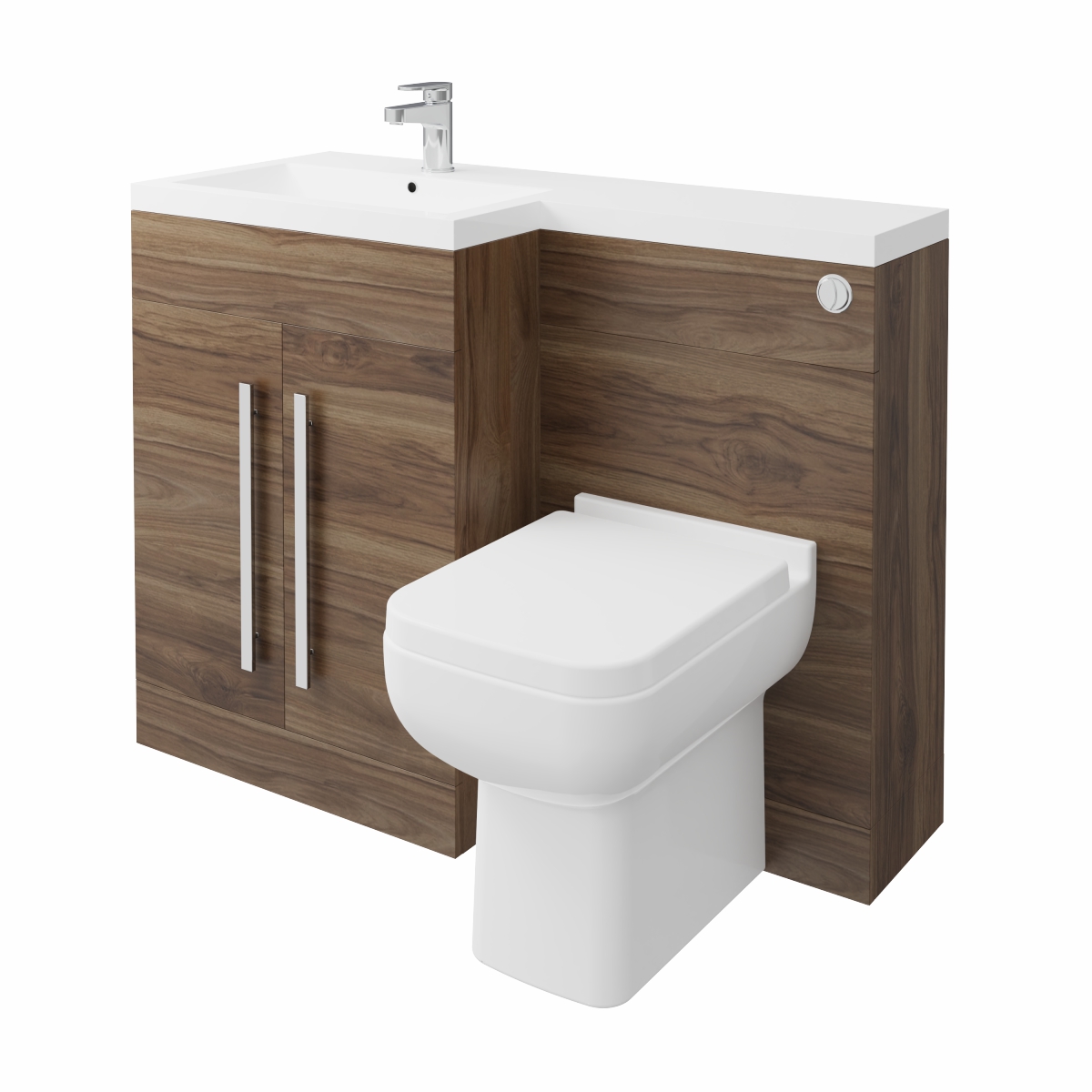 Calm Walnut Left Hand Combination Vanity Unit Basin L Shape with Back to Wall Feel 600 Toilet & Soft Close Seat & Concealed Cistern - 1100mm