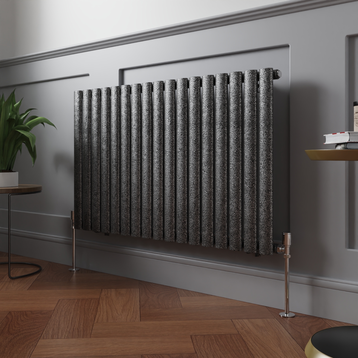 Norden 600 x 1004mm Black Silver Single Horizontal Oval Column Designer Radiator