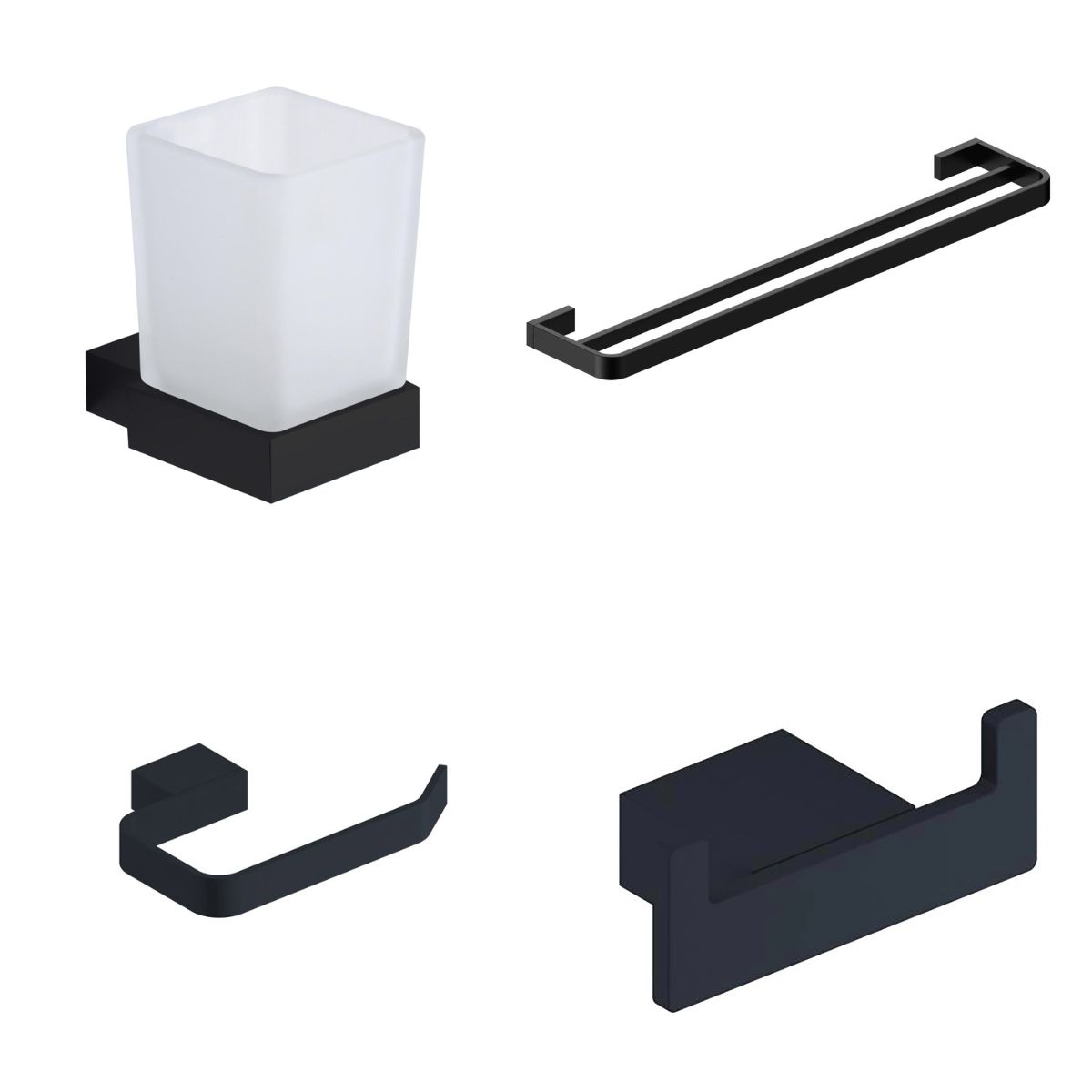Gala Matt Black 4-Piece Bathroom Accessory Pack - Tumbler, Paper Holder, Robe Hook & Double Towel Rail