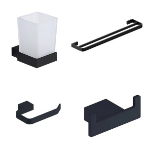 Gala Matt Black 4-Piece Bathroom Accessory Pack - Tumbler, Paper Holder, Robe Hook & Double Towel Rail