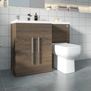 Calm Walnut Left Hand Combination Vanity Unit Basin L Shape with Back to Wall Feel 600 Toilet & Soft Close Seat & Concealed Cistern - 1100mm