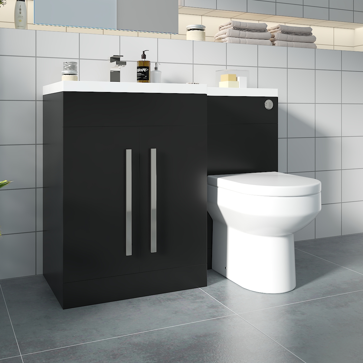 Calm Matt Black Left Hand Combination Vanity Unit Basin L Shape with Back to Wall Calgary Toilet & Soft Close Seat & Concealed Cistern - 1100mm