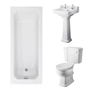 Wellington Close Coupled Comfort Height Toilet with White Seat & 500mm 2 Tap Hole Basin with 1700 x 700mm Traditional Straight Bath Single Ended