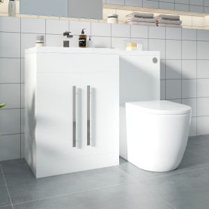 Calm White Left Hand Combination Vanity Unit Basin L Shape with Back to Wall Cordoba Toilet & Soft Close Seat & Concealed Cistern - 1100mm