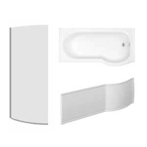 Pendle 1675mm P Shape Shower Bath Right Hand with Front Panel and Chrome Bath Screen
