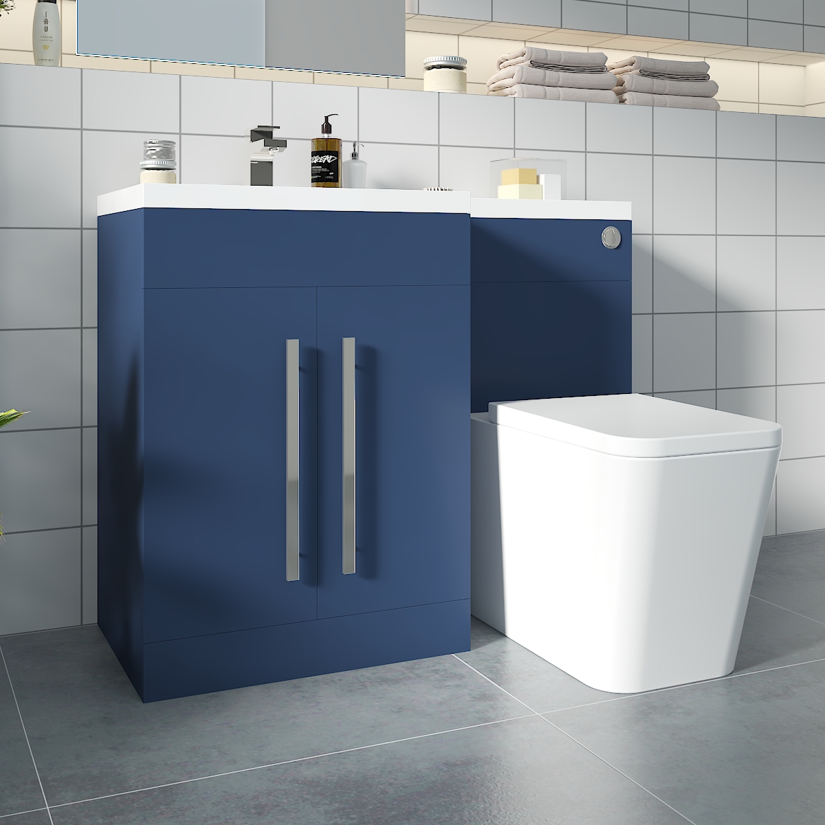 Calm Matt Blue Left Hand Combination Vanity Unit Basin L Shape with Back to Wall Cordoba Square Toilet & Soft Close Seat & Concealed Cistern - 1100mm