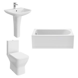 Feel Curved Modern Bathroom Suite with Close Coupled Toilet and Essential Single Ended Bath 1600 x 700mm - Front Bath Panel Included