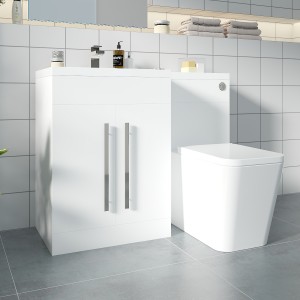 Calm White Left Hand Combination Vanity Unit Basin L Shape with Back to Wall Cordoba Square Toilet & Soft Close Seat & Concealed Cistern - 1100mm