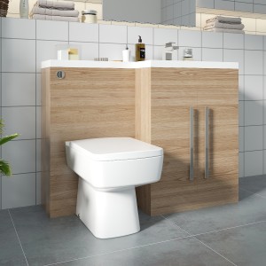 Calm Light Oak Right Hand Combination Vanity Unit Basin L Shape with Back to Wall Boston Toilet & Soft Close Seat & Concealed Cistern - 1100mm