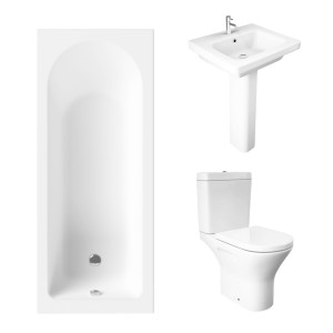 Essentials 1700 x 700mm Straight Bath Single Ended Bathroom Suite with RAK-Resort Mini Close Coupled Open Back Rimless Toilet and 550mm Full Pedestal Basin - Including Bath Panels