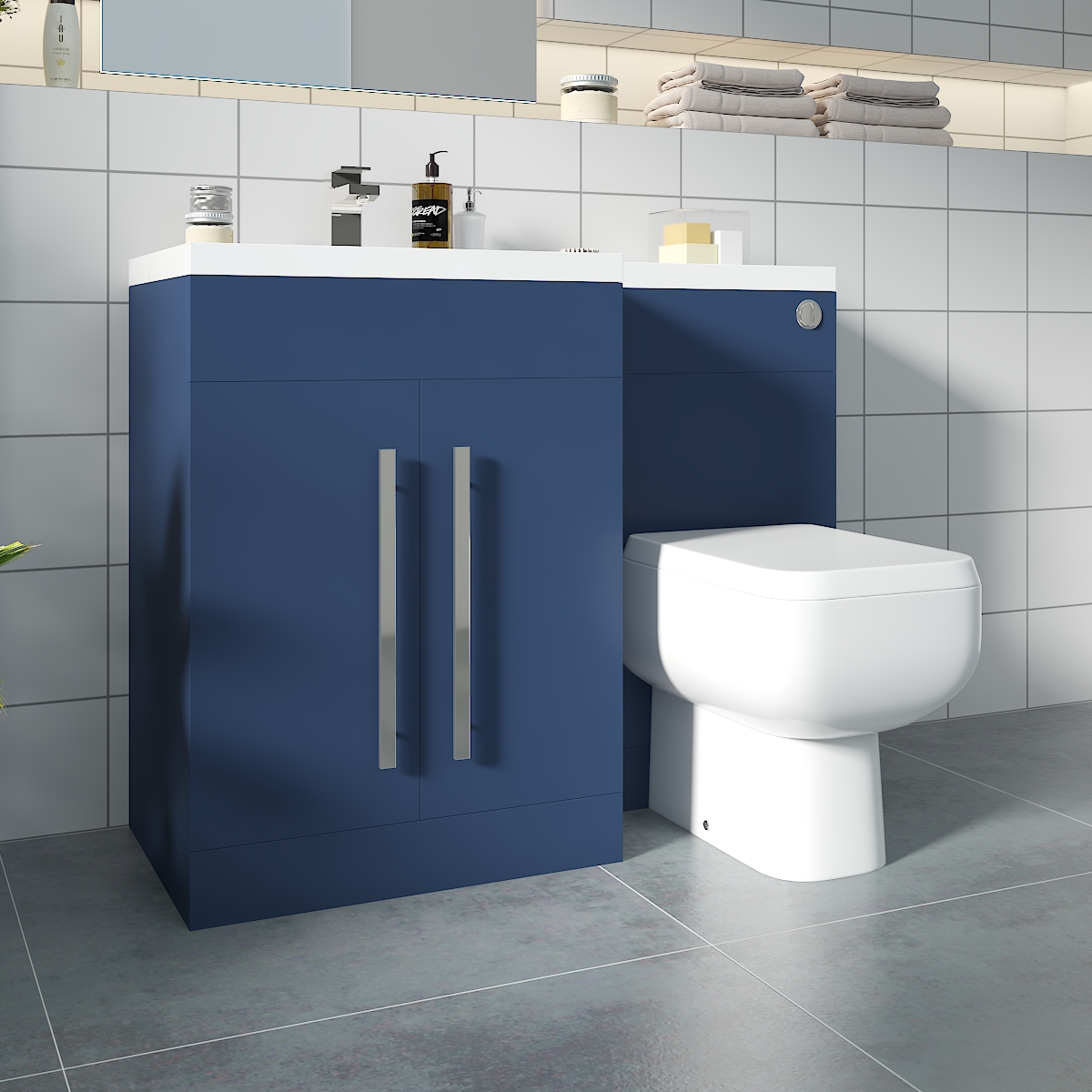 Calm Matt Blue Left Hand Combination Vanity Unit Basin L Shape with Back to Wall RAK Series 600 Toilet & Soft Close Seat & Concealed Cistern - 1100mm