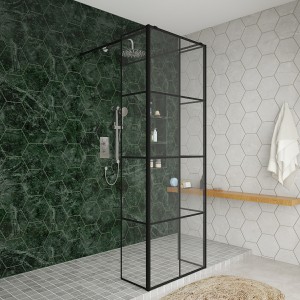 Wasdale 700mm Black Grid Walk Through Wet Room Screen with 300mm Hinged Return Screens