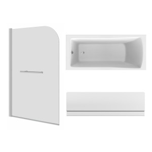 Sawley 1700 x 750mm Straight Bath Single Ended with Front Panel and Round Chrome Bath Screen with Towel Rail