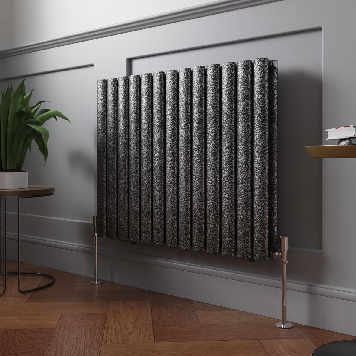 Norden 600 x 768mm Black Silver Double Horizontal Oval Column Designer Radiator