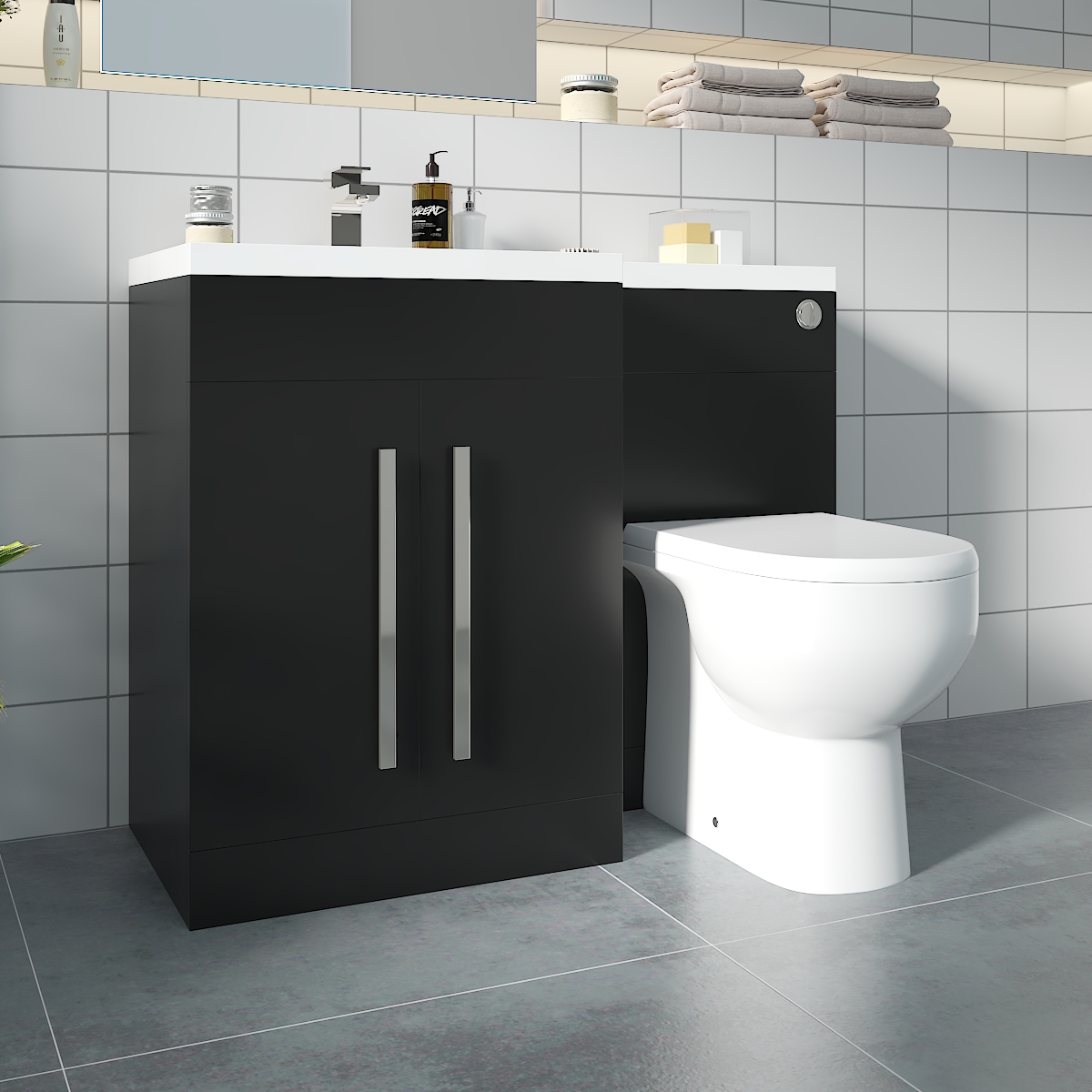 Calm Matt Black Left Hand Combination Vanity Unit Basin L Shape with Back to Wall RAK Tonique Toilet & Soft Close Seat & Concealed Cistern - 1100mm