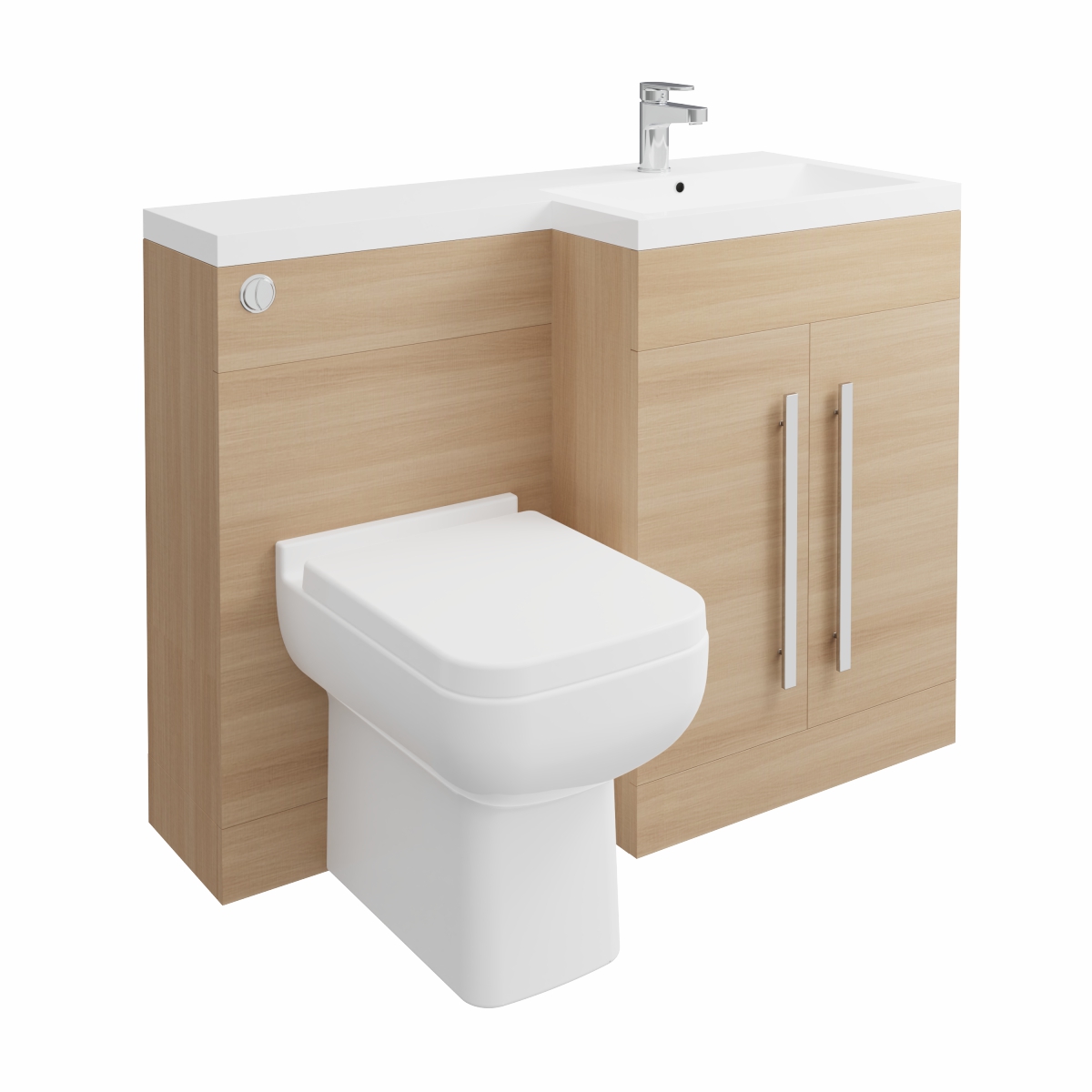 Calm Light Oak Right Hand Combination Vanity Unit Basin L Shape with Back to Wall Feel 600 Toilet & Soft Close Seat & Concealed Cistern - 1100mm