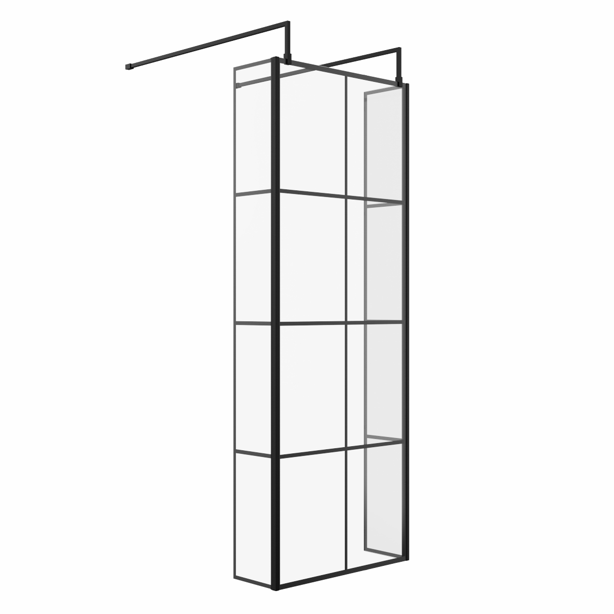 Wasdale 760mm Black Grid Walk Through Wet Room Screen with 215mm Hinged Return Screens & L- Shape Support Arms