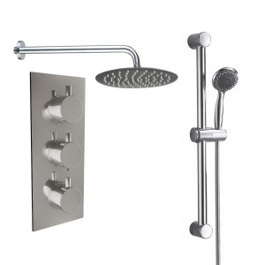Thurso Chrome Triple Round Handle Concealed Valve with 300mm Round Shower Head and Riser Rail Kit (2 Outlet)