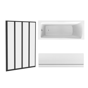 Sawley 1700 x 700mm Straight Bath Single Ended with Front Panel and Black Folding Bath Screen