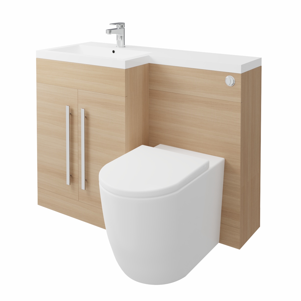 Calm Light Oak Left Hand Combination Vanity Unit Basin L Shape with Back to Wall Cordoba Toilet & Soft Close Seat & Concealed Cistern - 1100mm
