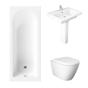 Essentials 1600 x 700mm Straight Bath Single Ended Bathroom Suite with RAK-Resort Wall Hung Toilet and 650mm Full Pedestal Basin