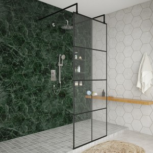 Wasdale 800mm Black Grid Walk Through Wet Room Screen With L-Shape Support Arms