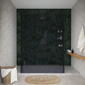 Wasdale 1400mm Black Smoked Walk Through Wet Room Screen with 215mm Hinged Return Screens & L- Shape Support Arms
