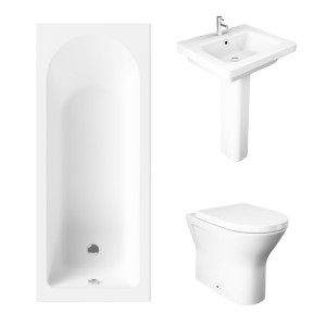 Essentials 1600 x 700mm Straight Bath Single Ended Bathroom Suite with RAK-Resort Back to Wall Pan Toilet and 550mm Full Pedestal Basin-With Front Bath Panel