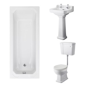 Wellington Low Level Toilet with Sand Seat & 500mm 2 Tap Hole Basin with 1700 x 700mm Traditional Straight Bath Single Ended