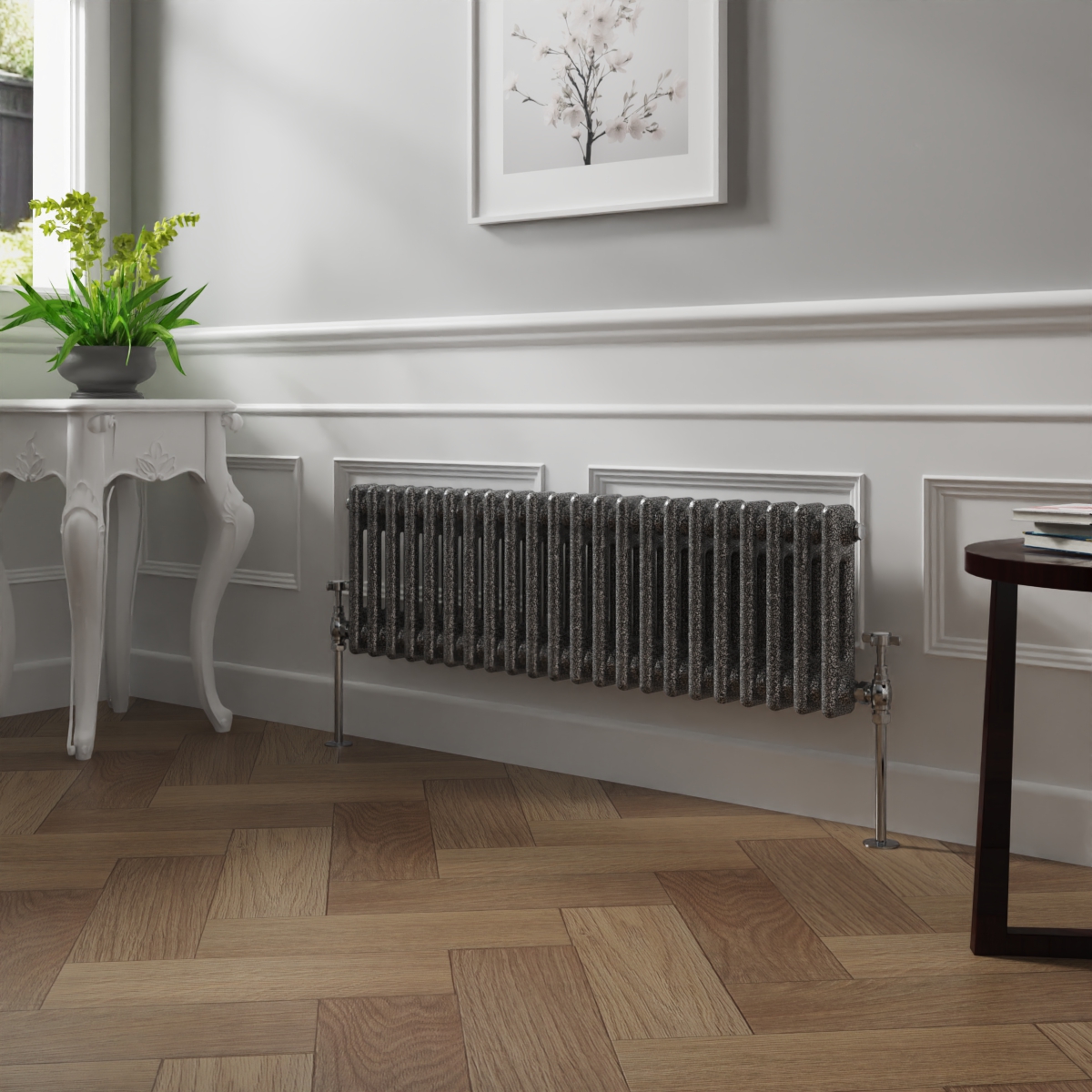 Bern 300 x 1010mm Black Silver Double Column Horizontal Traditional Radiator