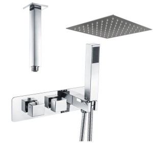 Beauly Chrome Square Twin Diverter Thermostatic Shower Valve with Bulit in Hand Shower with 300mm Square Shower Head and Ceiling Arm (2 Outlet)