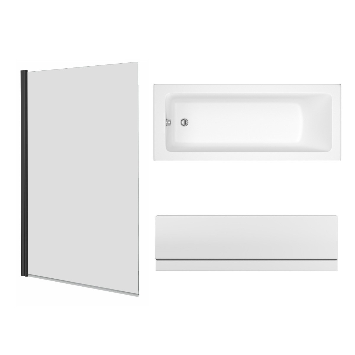 Sawley 1500 x 700mm Straight Bath Single Ended with Front Panel and Square Black Bath Screen