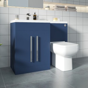 Calm Matt Blue Left Hand Combination Vanity Unit Basin L Shape with Back to Wall Feel 600 Toilet & Soft Close Seat & Concealed Cistern - 1100mm