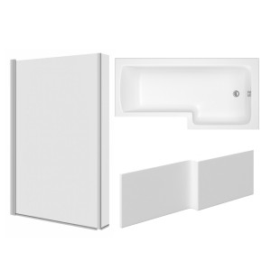 Leyland 1500mm L Shape Shower Bath Left Hand with Front Panel and Chrome L Shape Bath Screen