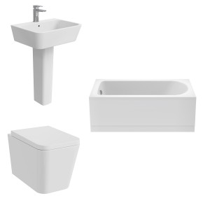 Cordoba Square Modern Bathroom Suite with Wall Hung Toilet and Essential Single Ended Bath - 1500 x 700mm - Front Bath Panel Included