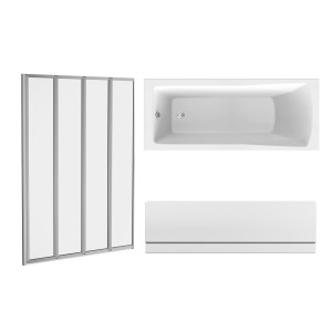Sawley 1700 x 700mm Straight Bath Single Ended with Front Panel and Chrome Folding Bath Screen