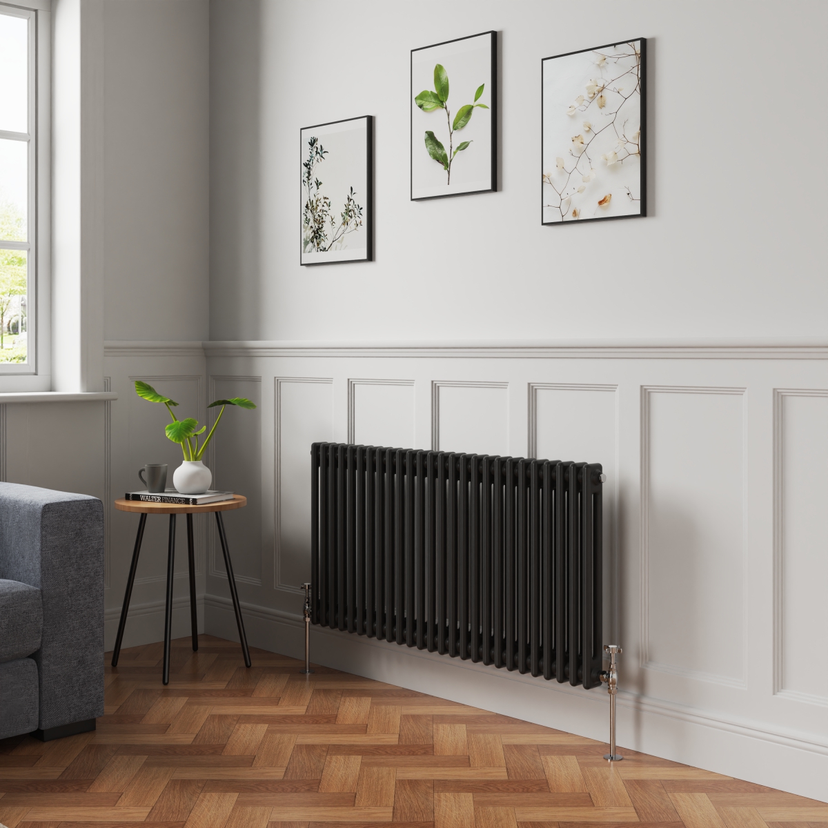 Bern 600 x 1190mm Black Double Column Horizontal Traditional Radiator