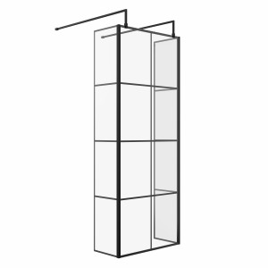 Wasdale 800mm Black Grid Walk Through Wet Room Screen with 300mm Hinged Return Screens & L- Shape Support Arms