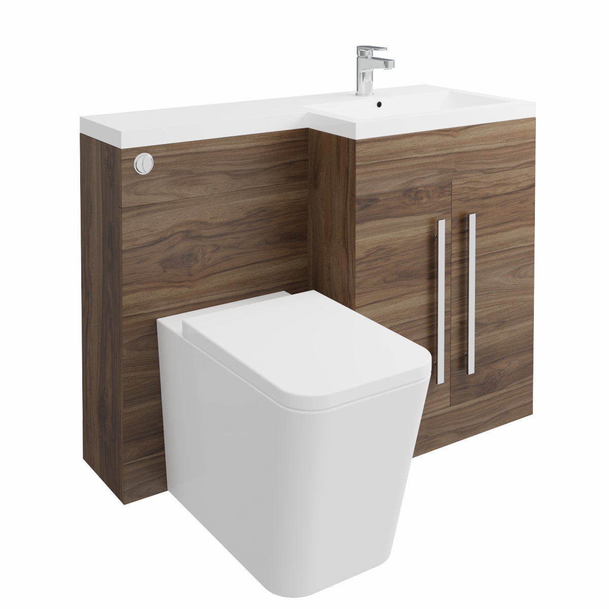 Calm Walnut Right Hand Combination Vanity Unit Basin L Shape with Back to Wall Cordoba Square Toilet & Soft Close Seat & Concealed Cistern - 1100mm
