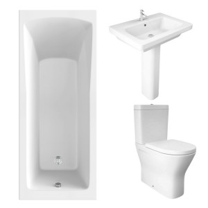RAK Resort Maxi Closed Back Toilet with 650mm Basin Modern Bathroom Suite and Single Ended Bath with Front Panel - 1700 x 700mm